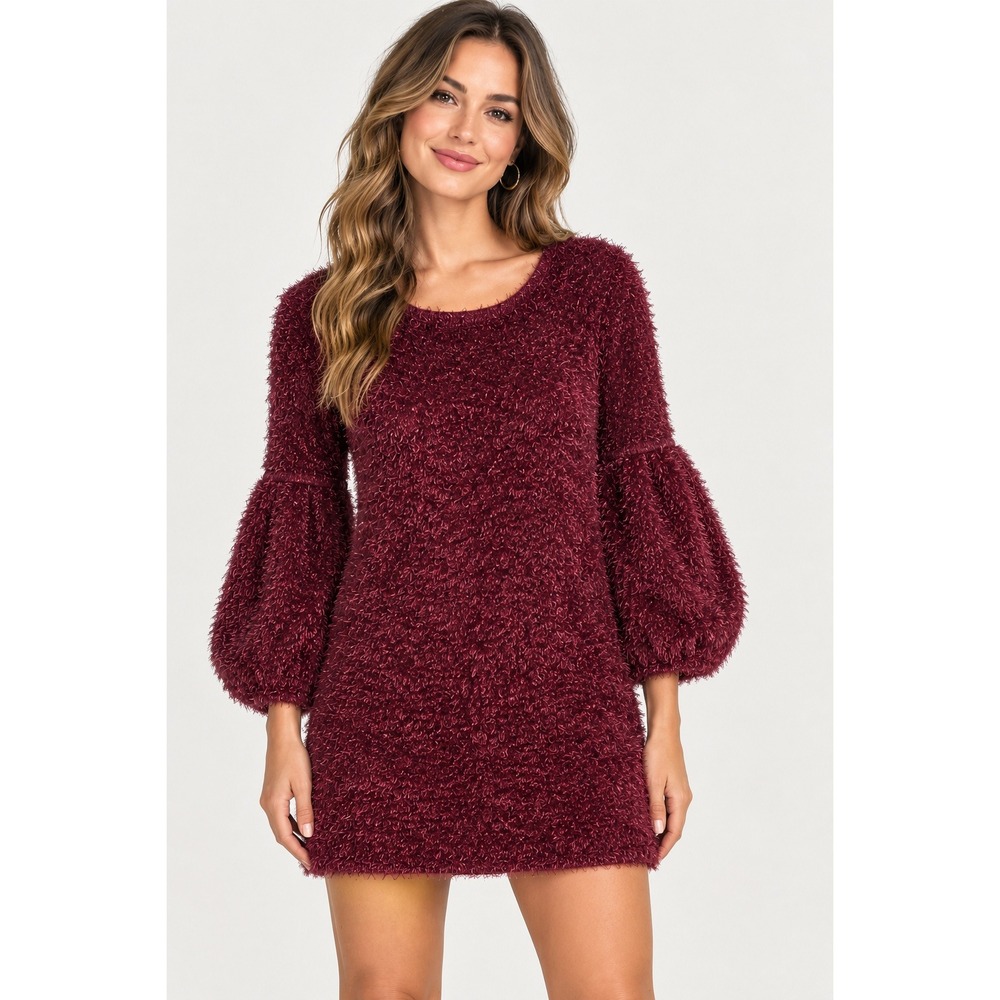 Lulus Burgundy Eyelash Knit Sweater Mini Dress Balloon Sleeve Small DD3853